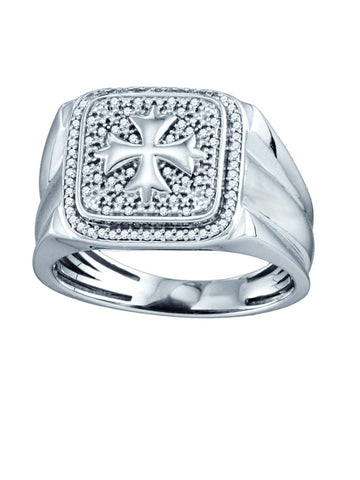 Mens Pave Halo Iron Cross Diamond Ring with Fleuree Rhodium on Sterling Silver