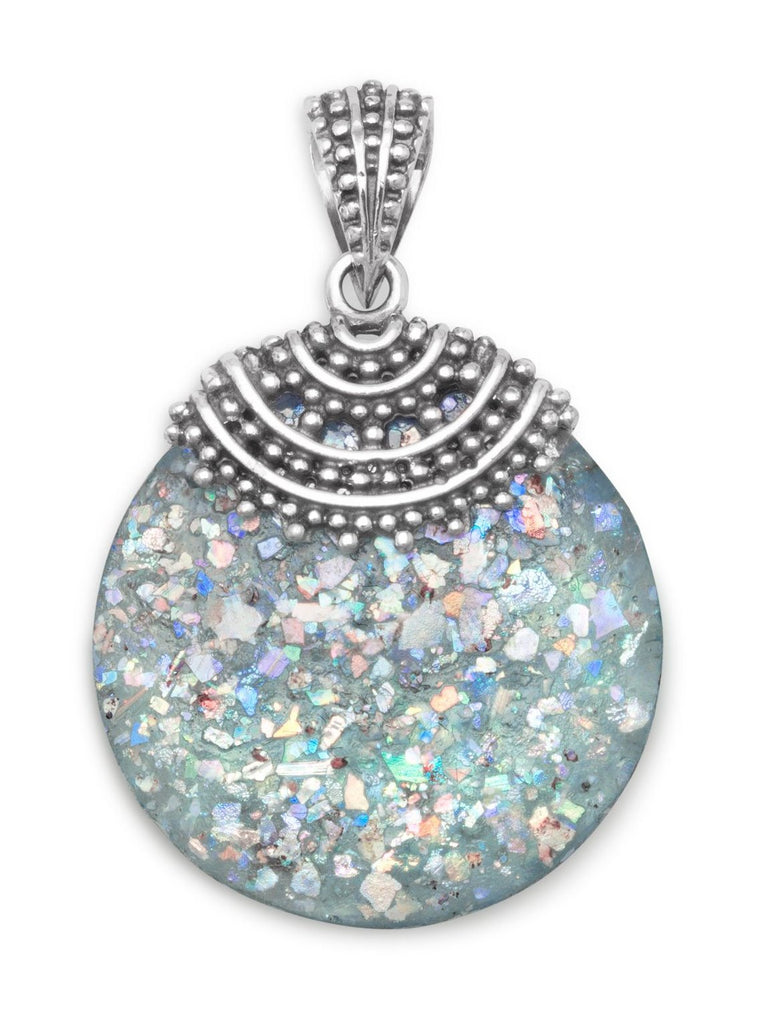 Ancient Roman Glass Pendant with Antiqued Cap and Bead Design Sterling Silver