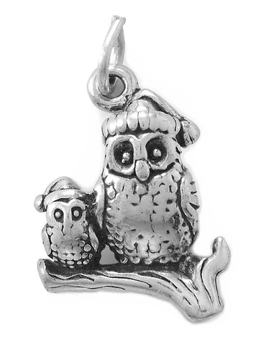 Wise Owls Mom and Baby Charm Antiqued Sterling Silver