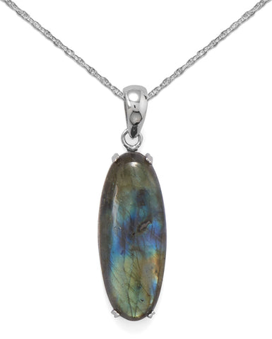 Sterling Silver Labradorite Necklace Large Oval with Rope Chain
