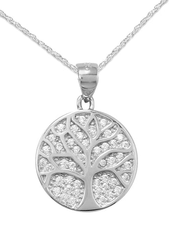 Tree of Life Necklace Cubic Zirconia Nontarnish Sterling Silver with Rope Chain