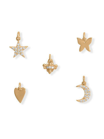 Set of Five Charms Heart, Butterfly, Bee, Moon, and Star 14k Gold-plated
