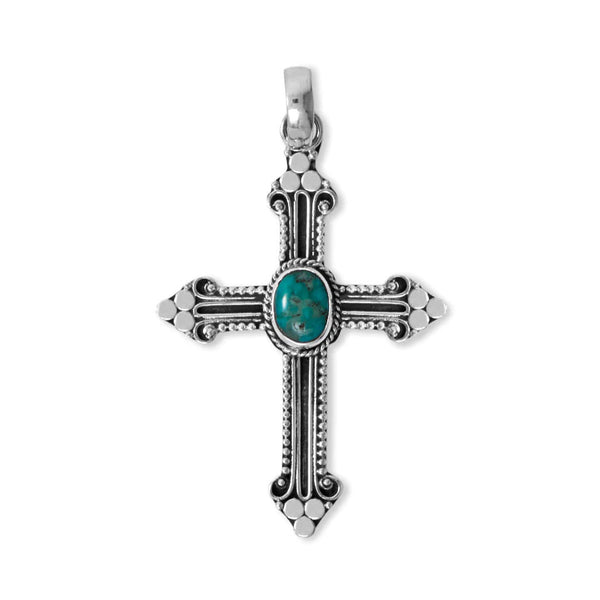 Turquoise Center Cross Pendant Handmade in Bali Sterling Silver with Oxidized Finish, Pendant Only Turquoise Center Cross Pendant Handmade in Bali Sterling Silver with Oxidized Finish, Pendant Only
