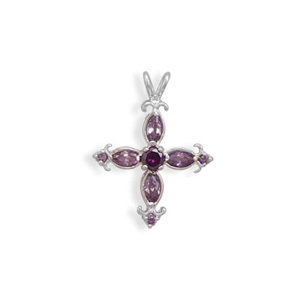 Purple Crystal Cross Pendant Rhodium on Sterling Silver - Nontarnish Purple Crystal Cross Pendant Rhodium on Sterling Silver - Nontarnish