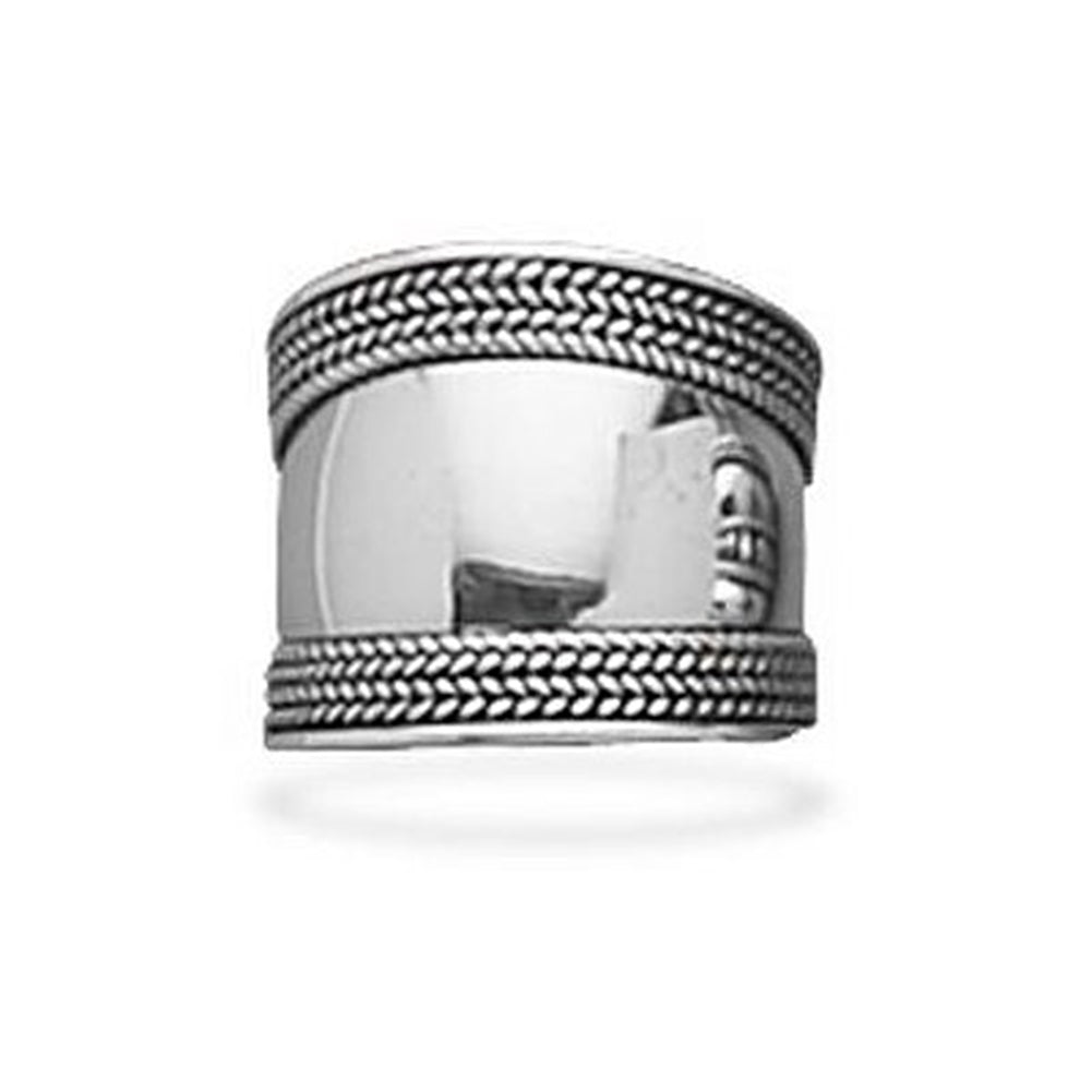 Bali Sterling Silver Rope Edge Wide Band Ring Antique Oxidized Finish
