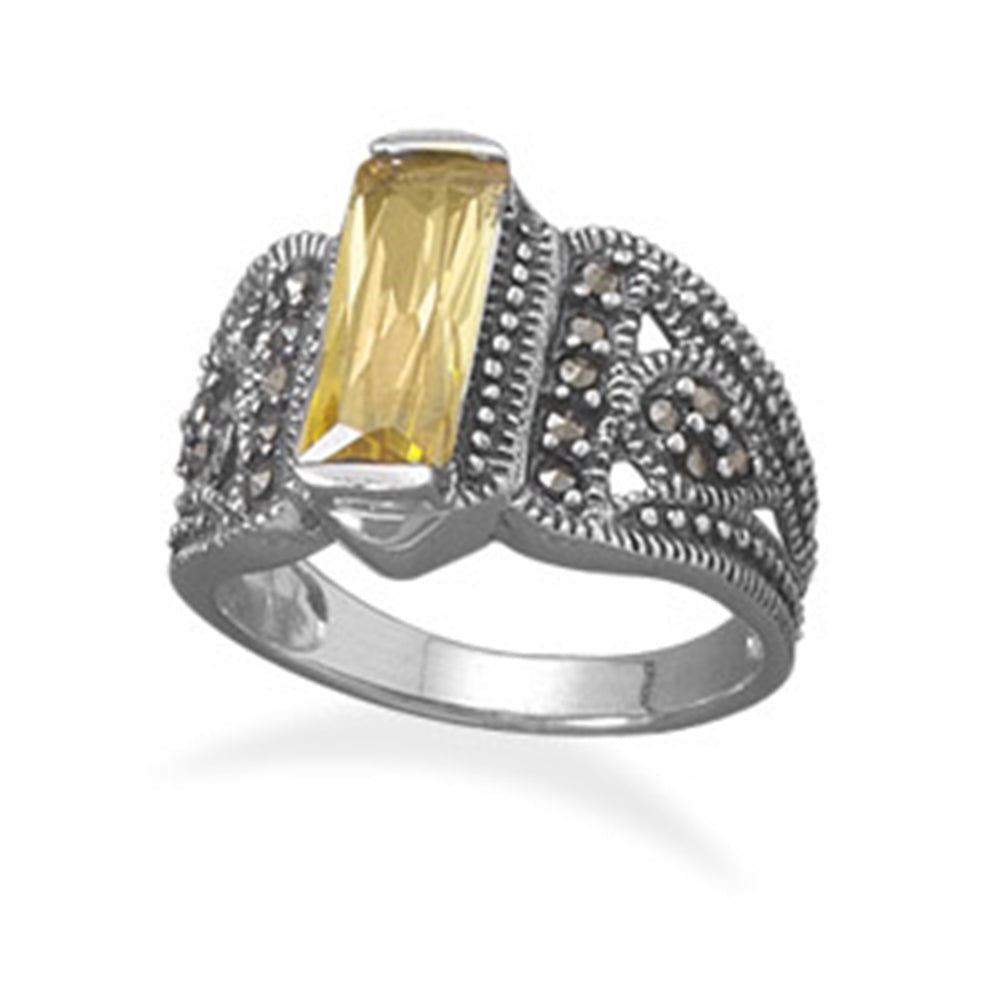 Yellow Cubic Zirconia Antique Look Tapered Sterling Silver Bar Ring with Marcasite