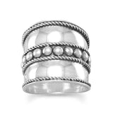 Bali  Bead Rope Edge Band Ring Extra Wide Antiqued and Polished Sterling Silver