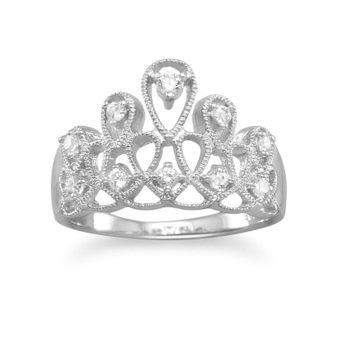 Crown Tiara Ring Design Princess CZ Cubic Zirconia Rhodium Over Sterling Silver