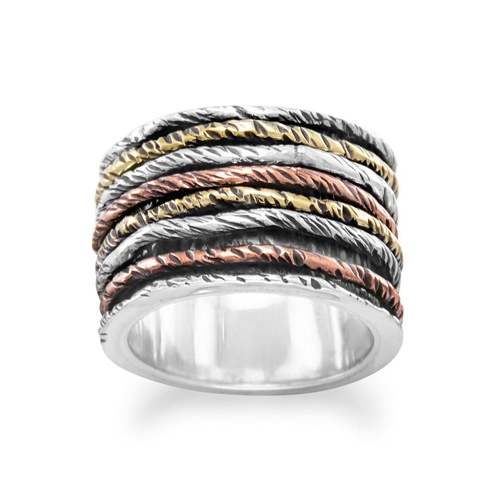 Spin Band Ring with Tri Tone Bands Yellow and Rose Gold Over Sterling Silver
