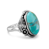 Leaf and Vine Design Reconstituted Turquoise Ring Sterling Silver