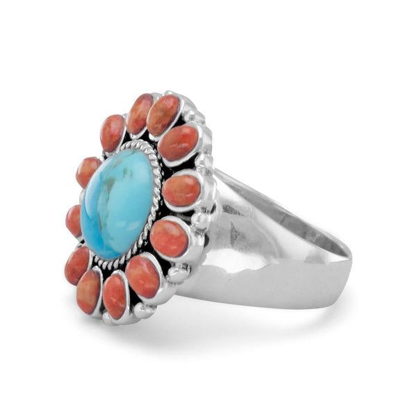 Sterling Silver Reconstituted Turquoise and Coral Flower Sunburst Ring Sterling Silver Reconstituted Turquoise and Coral Flower Sunburst Ring