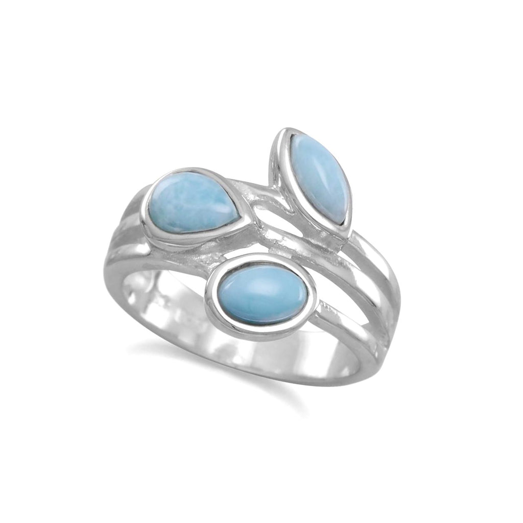 Atlantis Stone Larimar Ring Three Band Stacked Look Sterling Silver, Sizes 6-9