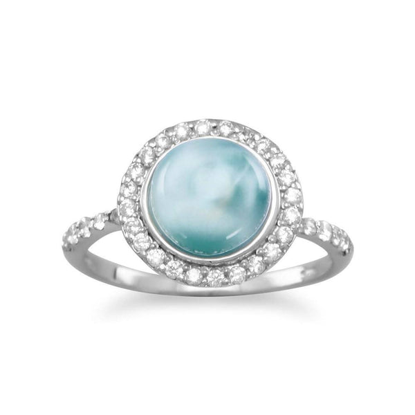 Genuine Larimar Ring Round Split Band Rhodium on Sterling Silver - Nontarnish Genuine Larimar Ring Round Split Band Rhodium on Sterling Silver - Nontarnish