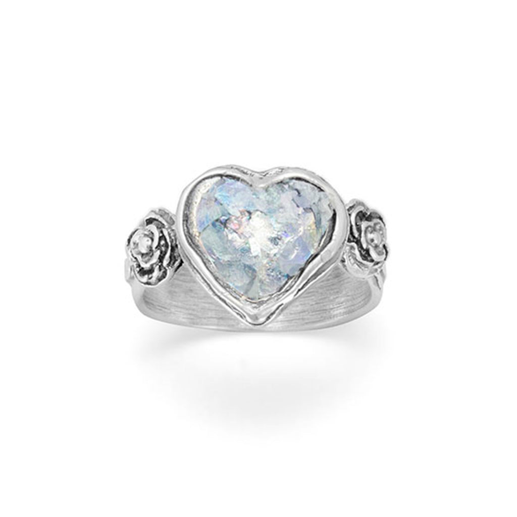 Ancient Roman Glass Ring Heart and Flower Design Sterling Silver