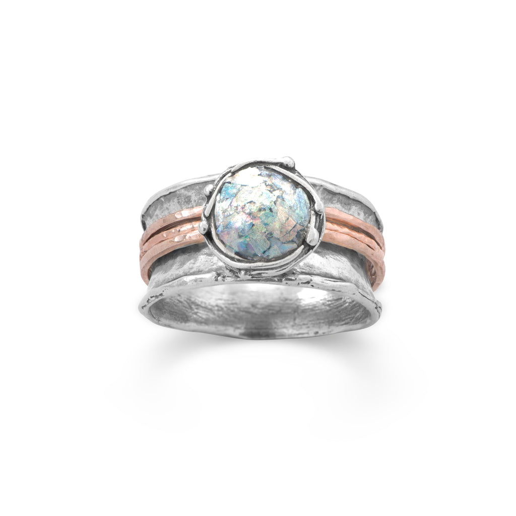Ancient Roman Glass Ring Round with Rose Gold-plated Bands Sterling Silver