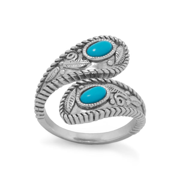 Reconstituted Turquoise Southwestern Leaf Wrap Ring Rhodium on Sterling Silver Reconstituted Turquoise Southwestern Leaf Wrap Ring Rhodium on Sterling Silver