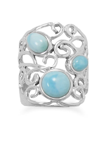 Larimar Ring Atlantis Stone Sterling Silver Wave Scroll Filigree Design Larimar Ring Atlantis Stone Sterling Silver Wave Scroll Filigree Design