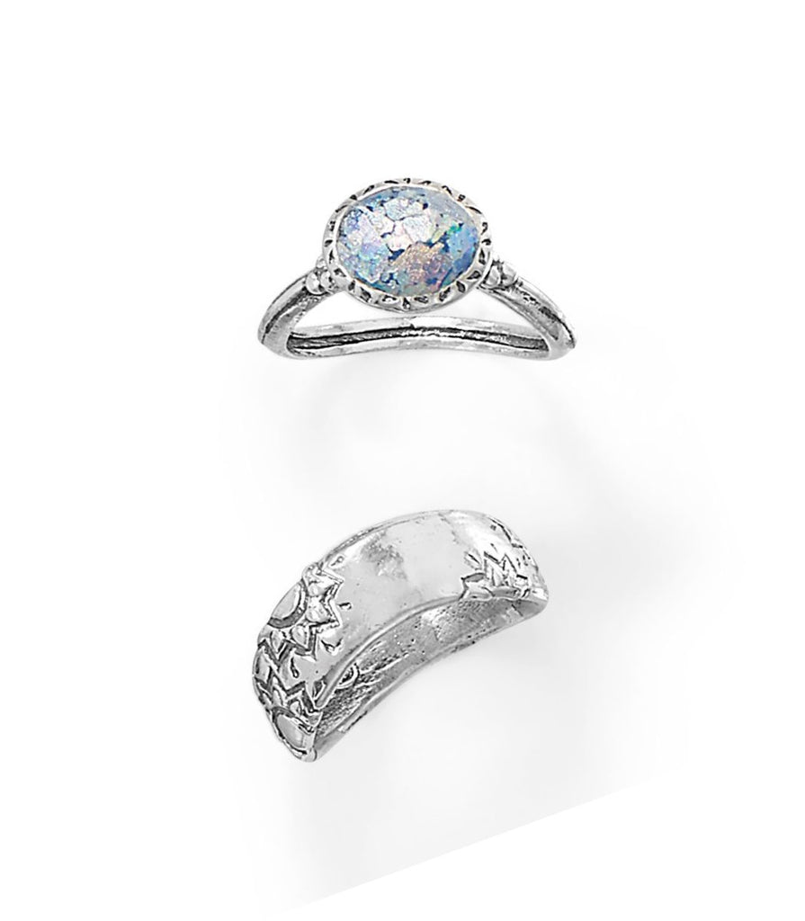 Ancient Roman Glass Two-piece Ring Set Sterling Silver