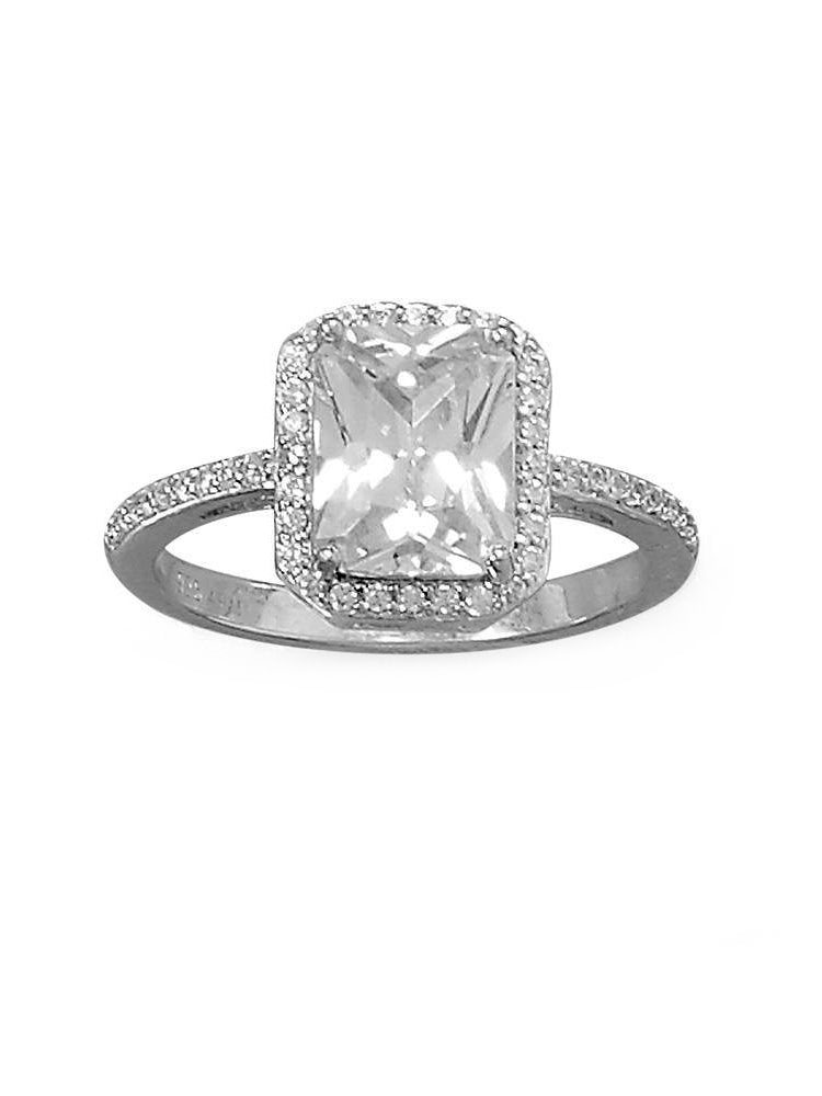 Rectangle Cushion Shape Halo Ring Cubic Zirconia Band Rhodium on Sterling Silver