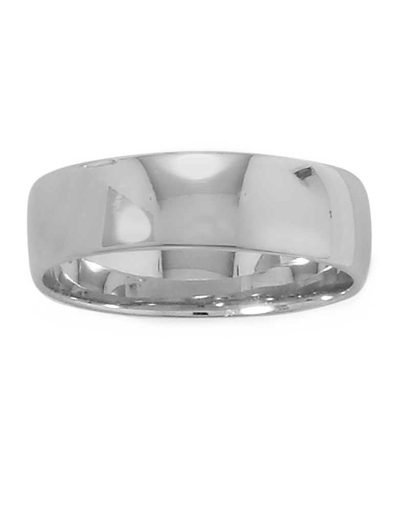 Wedding Band Ring 6mm Wide Polished Rhodium on Sterling Silver Nontarnish