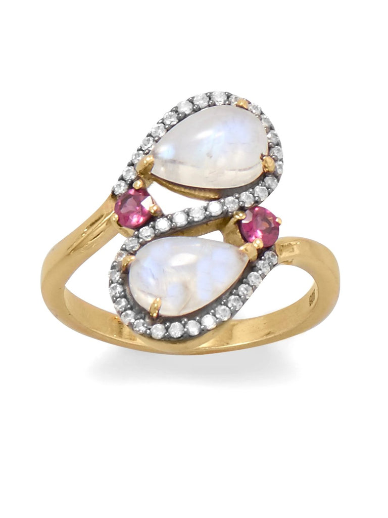 Rainbow Moonstone Rhodolite CZ Ring Two-tone Black Rhodium Gold-plated Silver