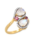 Rainbow Moonstone Rhodolite CZ Ring Two-tone Black Rhodium Gold-plated Silver
