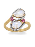 Rainbow Moonstone Rhodolite CZ Ring Two-tone Black Rhodium Gold-plated Silver