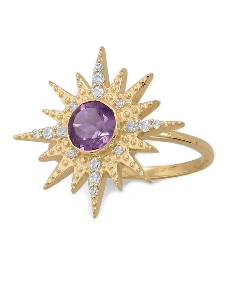 Amethyst Ring Star Sun Burst Gold-plated Sterling Silver with Cubic Zirconia