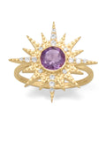 Amethyst Ring Star Sun Burst Gold-plated Sterling Silver with Cubic Zirconia