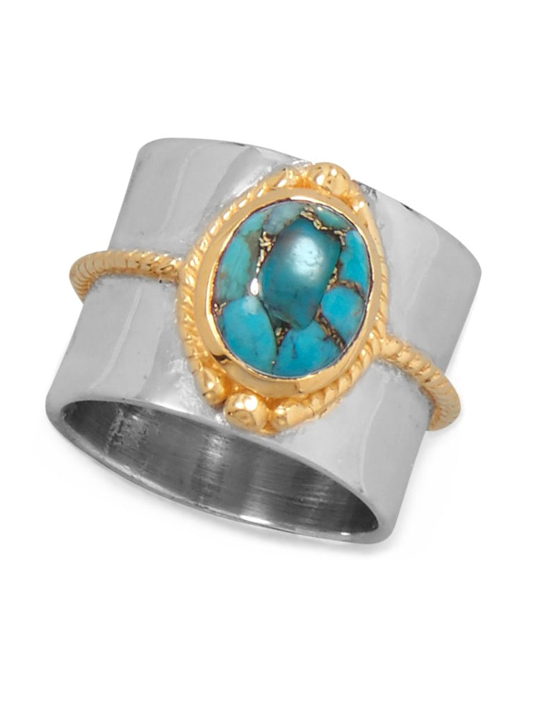 Copper Infused Wide Turquoise Ring Two Tone Gold-plated Rope Design