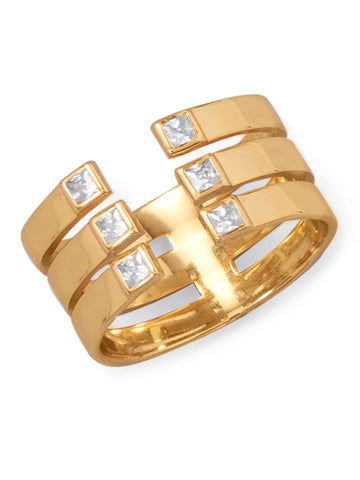 Stacked 3-row Ring with Square Cubic Zirconia Gold-plated Sterling Silver