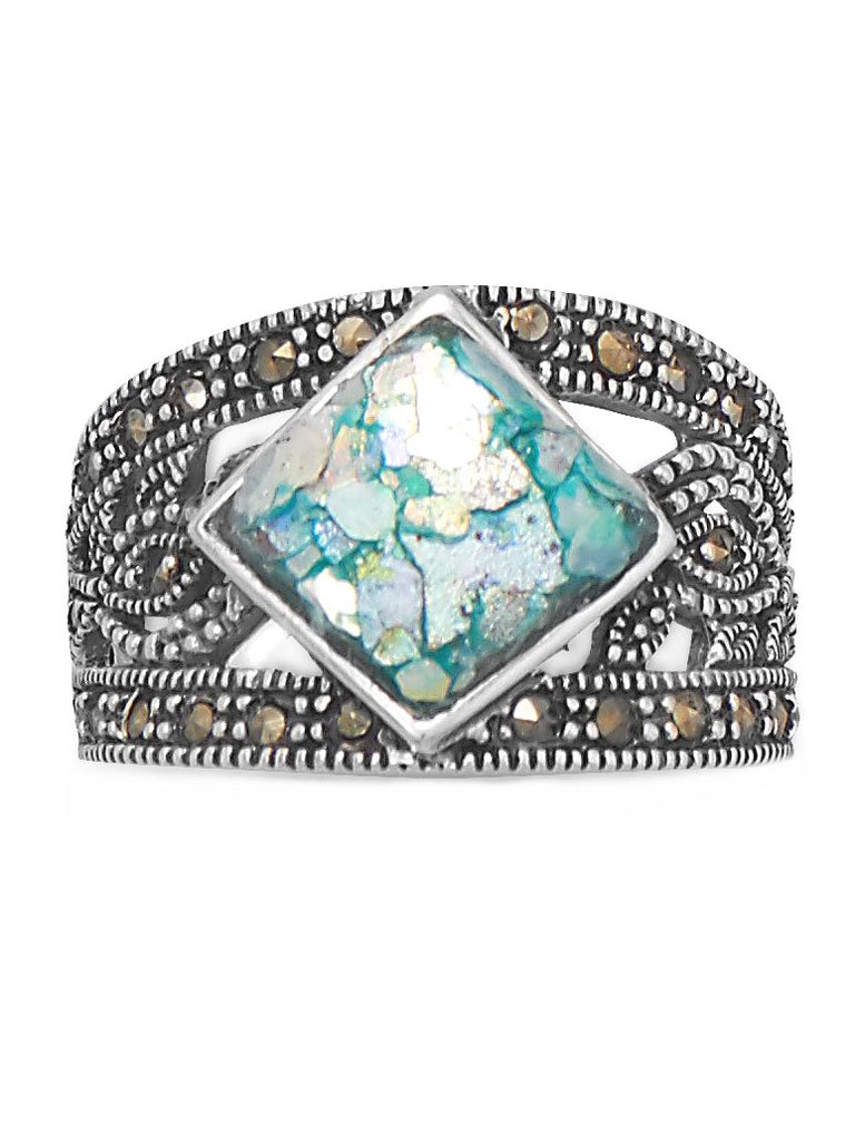 Ancient Roman Glass Ring with Marcasite Band Sterling Silver