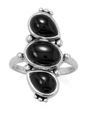 Sterling Silver Black Onyx Ring with Three Stones Pear and Oval