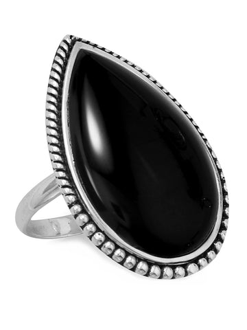 Sterling Silver Large Black Onyx Ring Beaded Edge