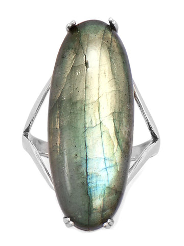 Labradorite Ring Large Elongated Oval with Split Band Sterling Silver