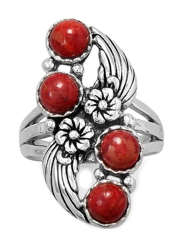Dyed Red Coral Flower Design Ring Antiqued Sterling Silver