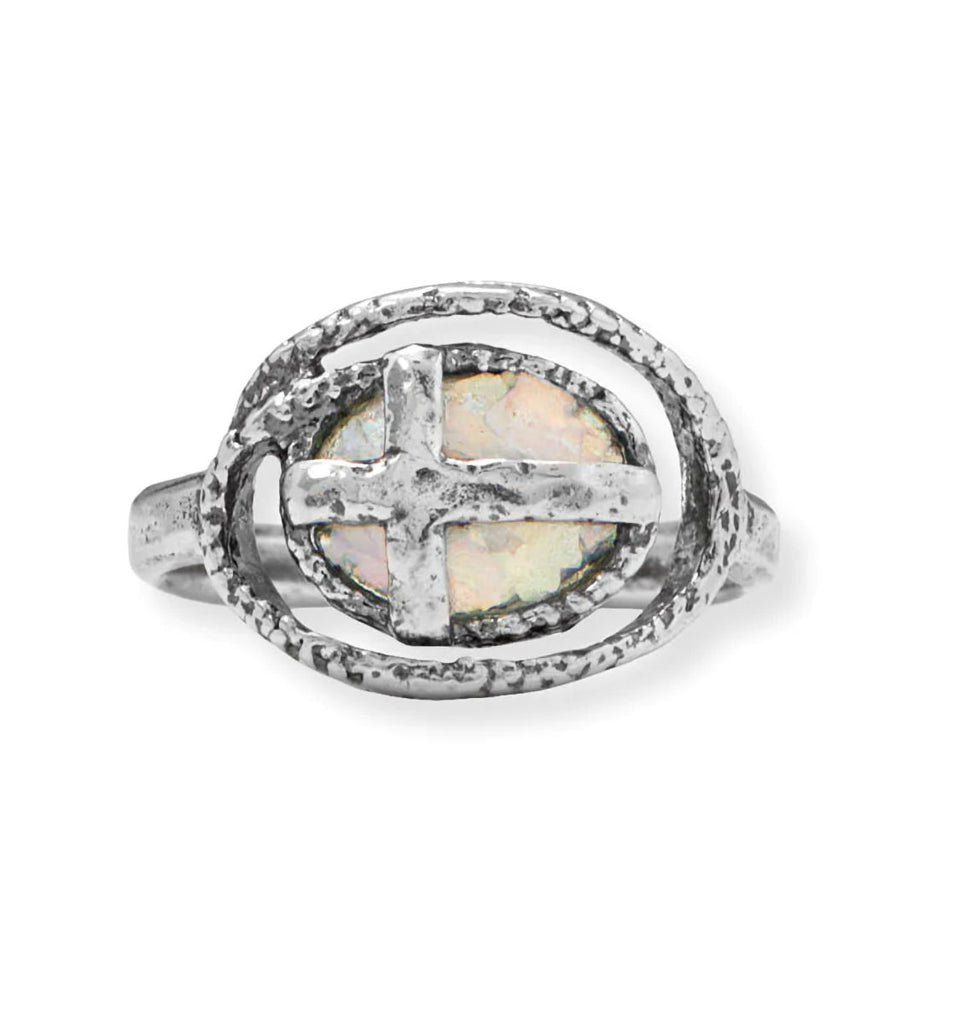 Ancient Roman Glass Ring with Cross Design Sterling Silver