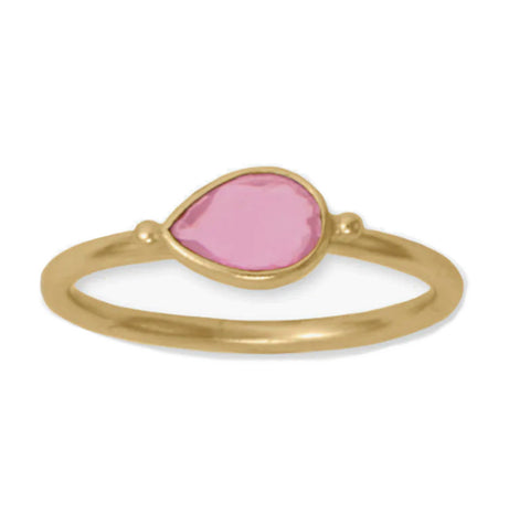 14k Gold-plated Pink Glass Stone Ring Sideways Pear Shape