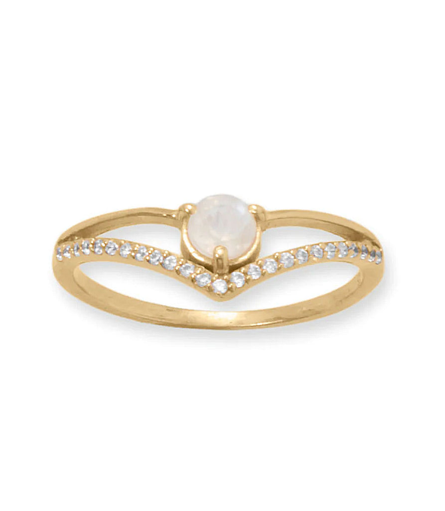 Rainbow Moonstone and Cubic Zirconia V-style Ring Gold-plated Silver
