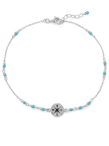 Anklet Ankle Bracelet Compass Charm Blue Beads Adjustable Length Sterling Silver