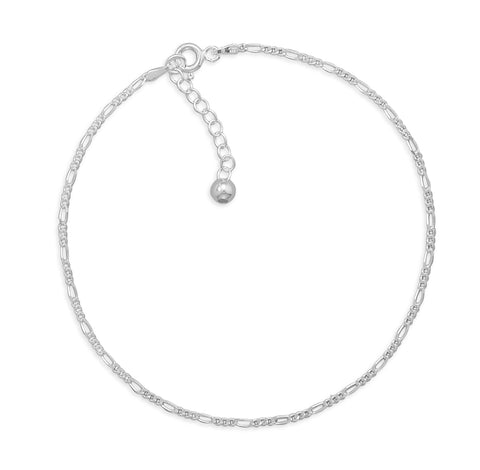Figaro Chain Anklet Sterling Silver Adjustable Length 9 to 10 inches