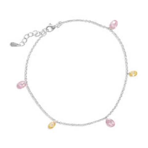 Anklet with Pink and Yellow Cubic Zirconia Nontarnish Sterling Silver