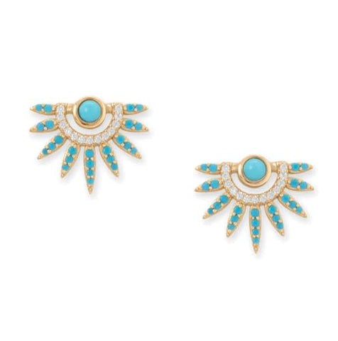 Synthetic Turquoise and Cubic Zirconia Sun Spike Stud Earrings 14k Gold-plated Silver