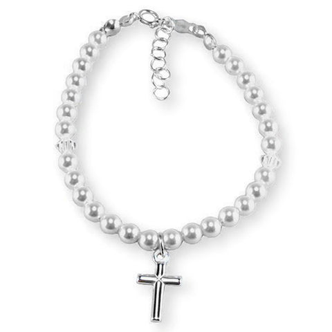 Childs Cross Bracelet Sterling Silver Crystals and Imitation Pearls