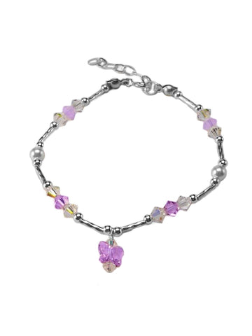 Purple Butterfly Childs Charm Bracelet Made with Crystals and Imitation Pearls