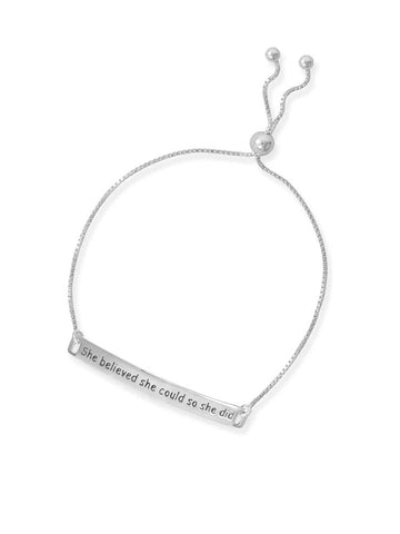 Sterling Silver Bolo Bracelet with engraving, "She believed she could so she did"