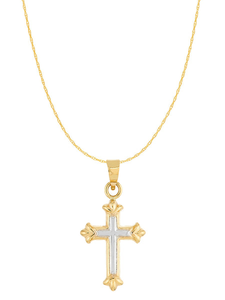 14k Two-tone White and Yellow Gold Small Fleuree Cross 18-inch Chain Necklace