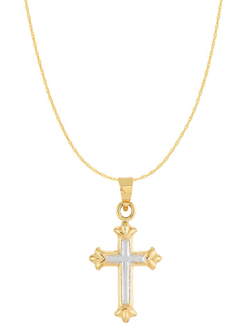 14k Gold Two-tone White and Yellow Small Fleuree Cross 18-inch Chain Necklace