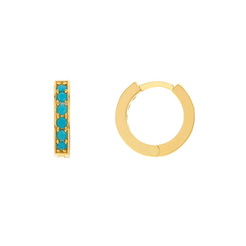 14k Yellow Gold Huggie Hoop Earrings with Turquoise