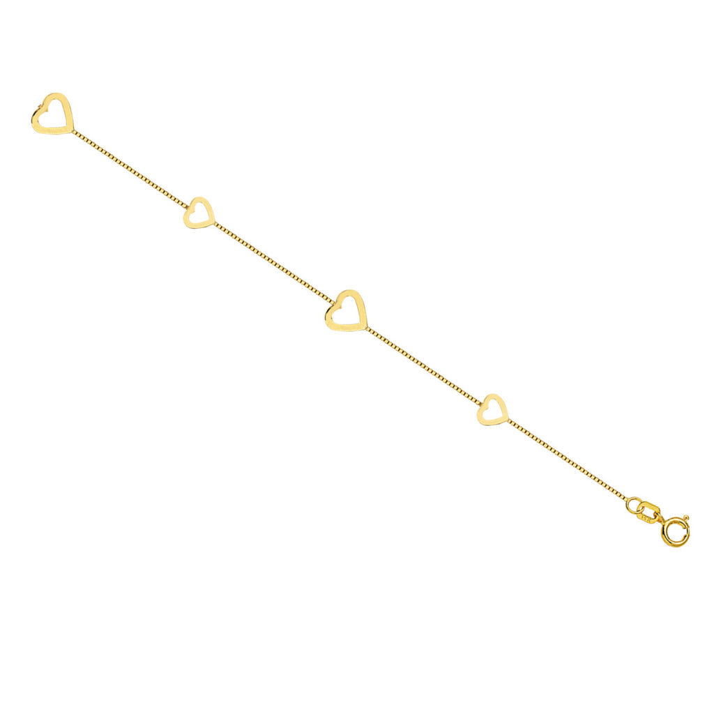 Box Chain Large and Small Heart Bracelet Station Style 14k Yellow Gold